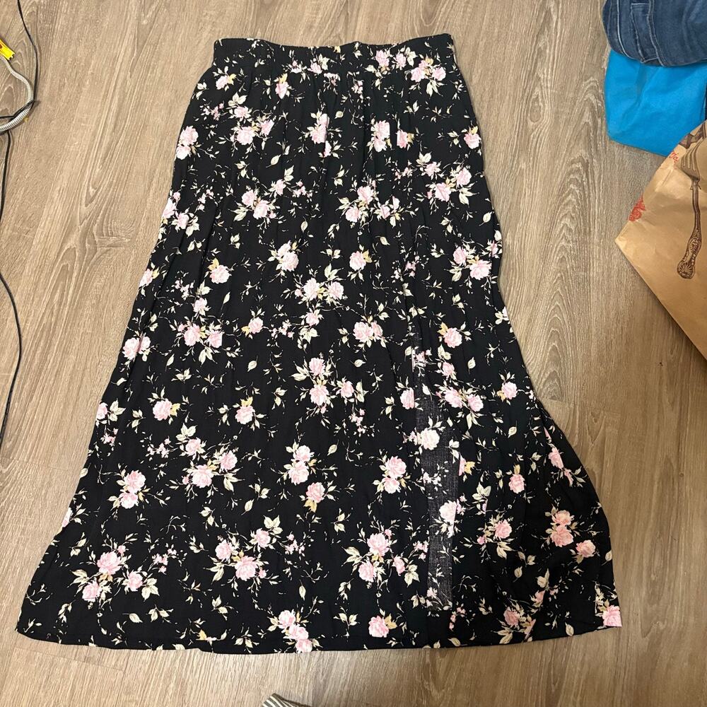 Saltwater Luxe Skirt Black Pink Floral High Slit Midi Maxi Size L Grannycore Y2K